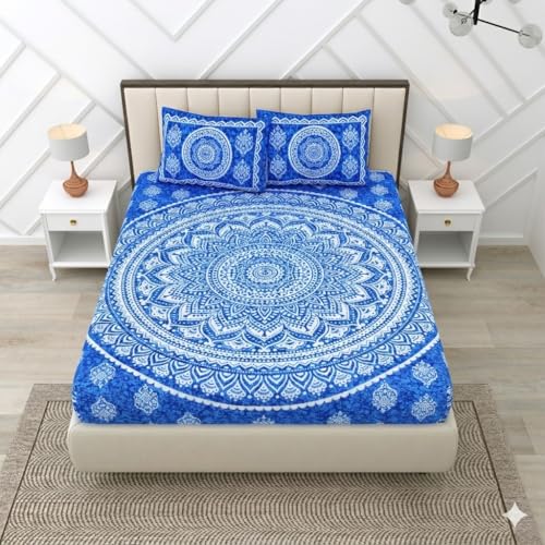 Image of RajasthaniKart Pure Cotton 144 TC Printed Double /Queen Bed Elastic Fitted Bedsheet with 2 Pillow Covers - All Around Elastic | 60 inchx78 inch, Fits Up to 8 inch Mattress | Jaipuri Print, 5296