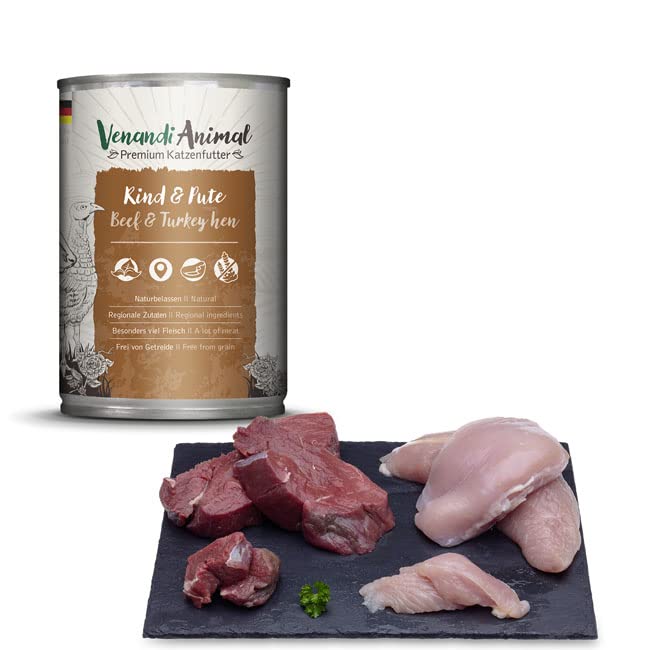 Venandi - Premium Nassfutter für Katzen - Rind & Pute, 6 x 400g (6er Pack), getreidefrei mit extra viel Fleisch