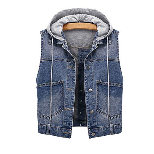 Hixiaohe Women's Classic Denim Vest Hoodie Sleeveless Jean Jacket Coat Waistcoat (Dark Blue, XS)