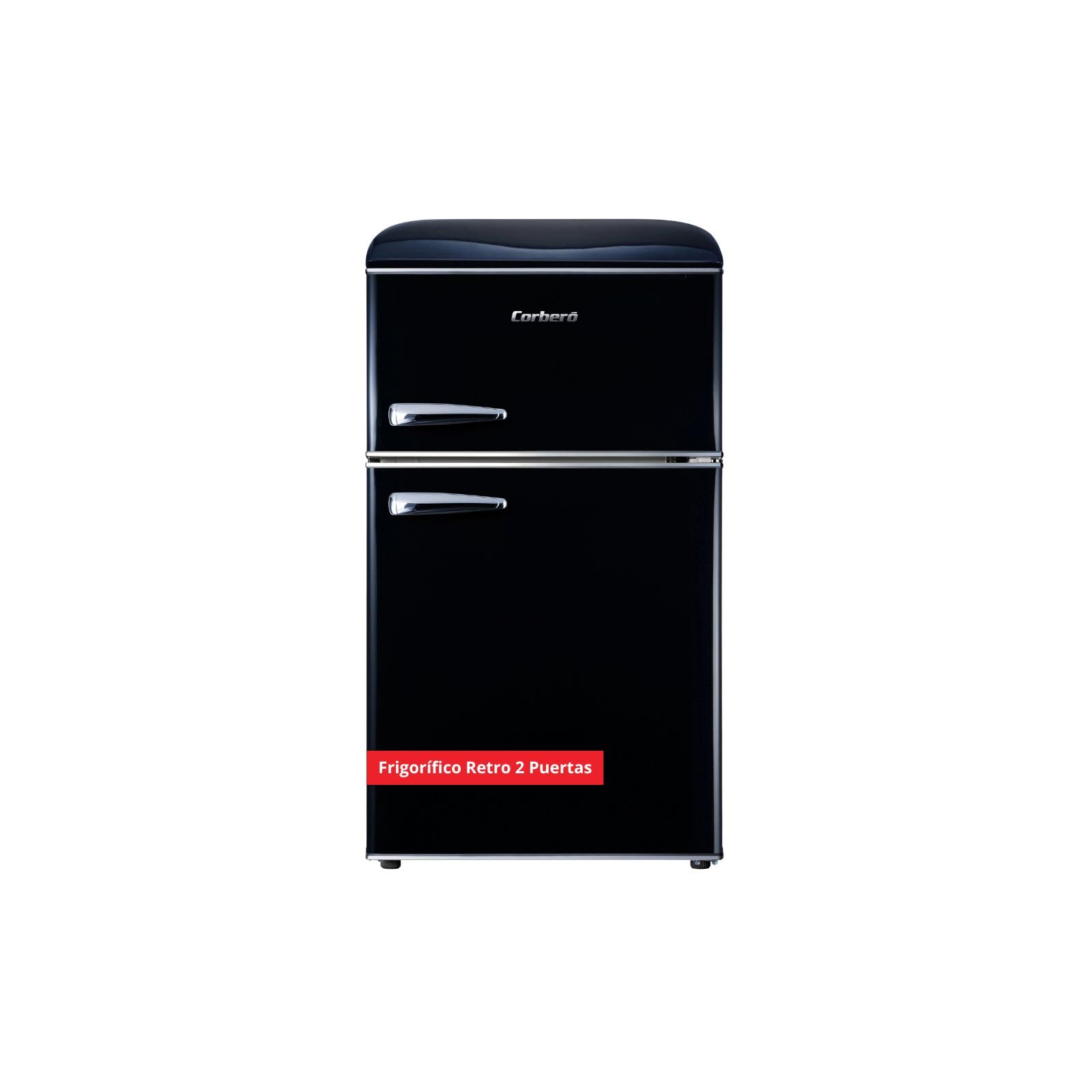 Corberó - Frigorifero Retro Statico | CF2PG90RN | 89 x 48 x 51 cm | Capacità 86 L | Congelatore 26L | 37 dB | Luce interna | Ripiani in vetro | Gambe livellatrici | Colore nero