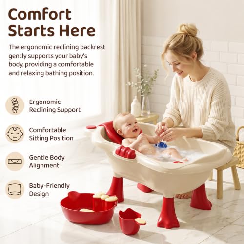 Image of StarAndDaisy Baby Bath Tub for 0 to 5 Years with Bathing Accessories Tray & Mug | Baby Bather for 0 to 2 Years | BPA Free Baby Bath tub for Kids 0-3 Years with 4-Leg Support (Cream-Red., Bathtub with Legs)