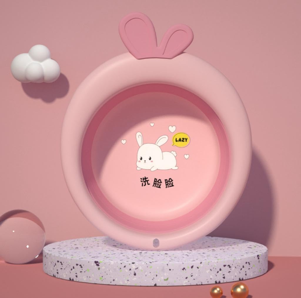 Collapsible Baby Wash Basin with Bunny Ears Handle | Foldable Silicone Wash Bowl for Kids, Infant Face & Foot Washing | Portable Space Saving Travel Basin-image-24