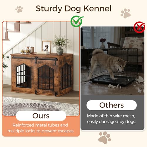 MAHANCRIS Dog Crate Furniture, 31.5" Farmhouse Dog Kennel with Sliding Barn Door, Wooden Dog Cage for Small Medium Dogs, Decorative Pet House Side End Table, Chew-Resistant, Rustic Brown DCHR9601 - Image 6
