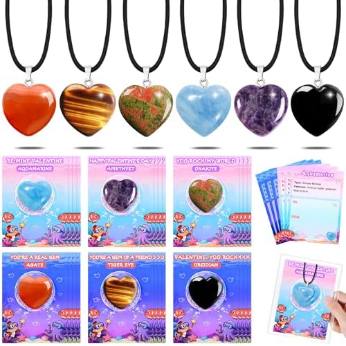 Valentines Cards Goodie Bags with 24 Pack Heart Necklaces, Valentine Exchange Party Favors Love Healing Crystal Gemstone Rocks for Girls Boys School Class