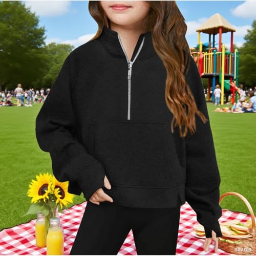 Girls Half Zip Sweatshirt Cropped Pullover Long Sleeve Sweat Shirt Lightweight Tops Fleece Winter Clothes Thumb Hole2
