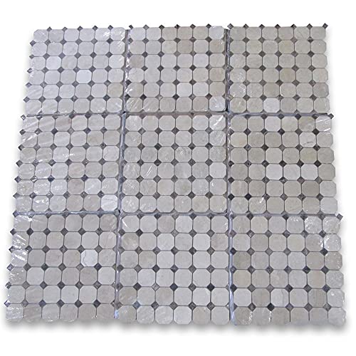 Stone Center Online Crema Marfil Marble 2 Inch Octagon Mosaic Tile W/Emperador Dark Brown Dots Polished Kitchen Bath Wall Floor Backsplash Shower (1 Sheet) #TOP1