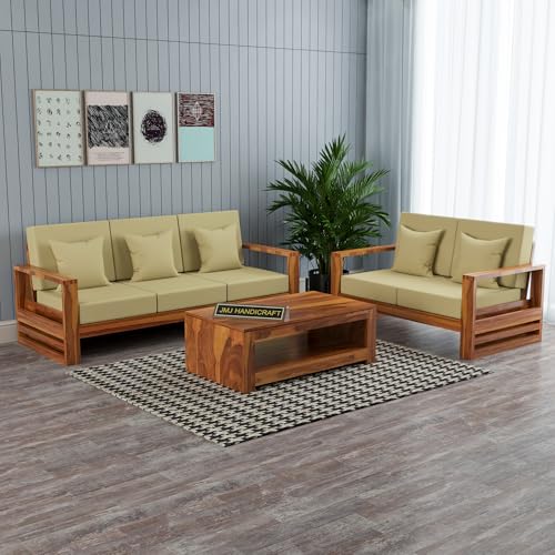 Image of Solid Sheesham Wood 5 Seater Sofa Set (3+2) - Elegant Wooden Sofa Set for Your Stylish Living Room & Home (Design 14)