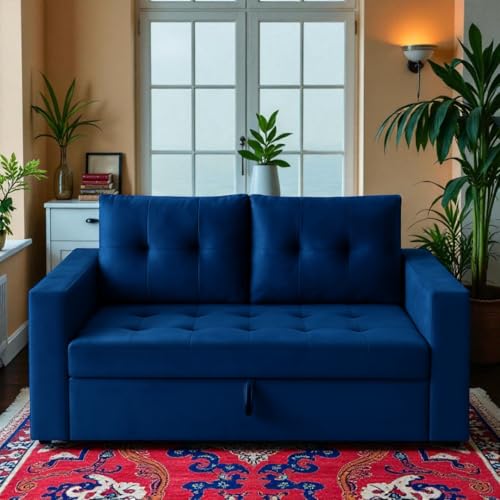 Image of FURNY Tressa 2 Seater Fabric Pull-Out Sofa Cum Bed (Blue) | Premium Velvet Finish | Durable Comfort | Ideal for Living Room