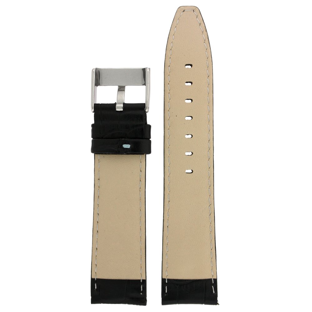 Tech Swiss Watch Band Genuine Calfskin Alligator Grain Black with Blue Stitching Thick Padded 20mm
