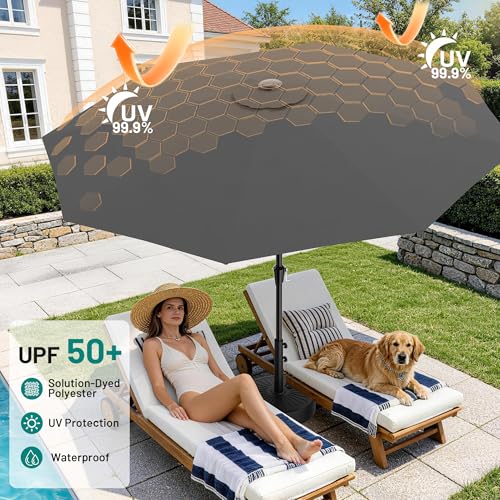 Image of AreShark 9 FT Patio Umbrella for Outdoor, Outdoor Table Umbrella with Push Button Tilt and Crank, Outdoor Patio Umbrellas with 8 Sturdy Ribs for Market, Garden, Pool (Gray)