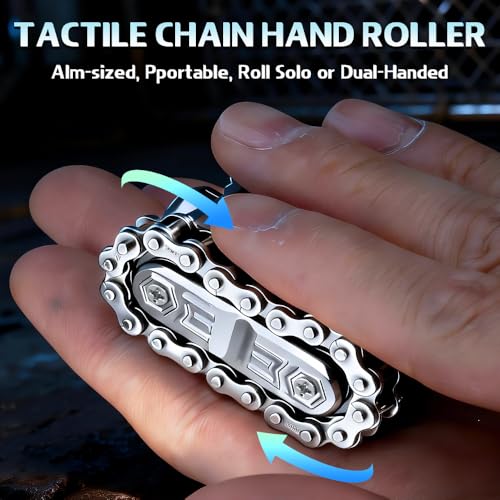 Image of Fidget Slider Chain Spinner 4 in 1 Heavy Duty Tank Hand Roller Toy, Tactile Clicking Sound Haptic Fidget Toy, EDC Anxiety Focus Sensory Tool Gift for Men Teen Boy, Silvery /Metal