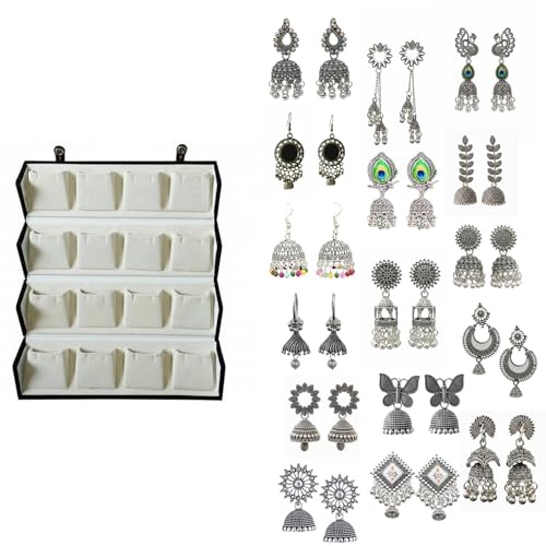 Image of Set of 16 Oxidised Silver Look Jhumka Earrings Box for Women | 16 Pairs Traditional Ethnic Jhumki Combo Gift Hamper with Velvet Box | Festive Wedding Jewellery | Gift For Women