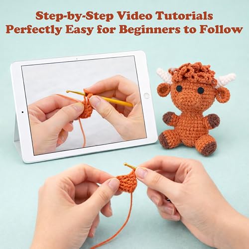 Image of HOUSE CREATIVITY Crochet Kit for Beginners, Make a Highland Cow, Amigurumi Starter Kit with Step-by-Step Video Tutorial, Yarn, Hook & Stuffing, Stress Relief DIY Craft Gift for Adults