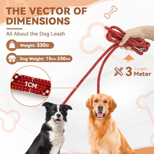 Hundeleine 3 M Verstellbare Schleppleine für Mittel- & Großhunde(20-60kg), Reflektierende Freihandleine mit 2 Karabiner, Doppelleine aus Robustem Nylon, 200 kg Extreme Kraft