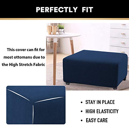 PrinceDeco Stretch Ottoman Cover Ottoman Slipcovers Rectangle for Living Room Foot Stool Stretch Covers to Fit Ottoman Foot Rest, Thick Checked Jacquard Fabric with Elastic Bottom (Large Size, Navy) - Thumbnail 5