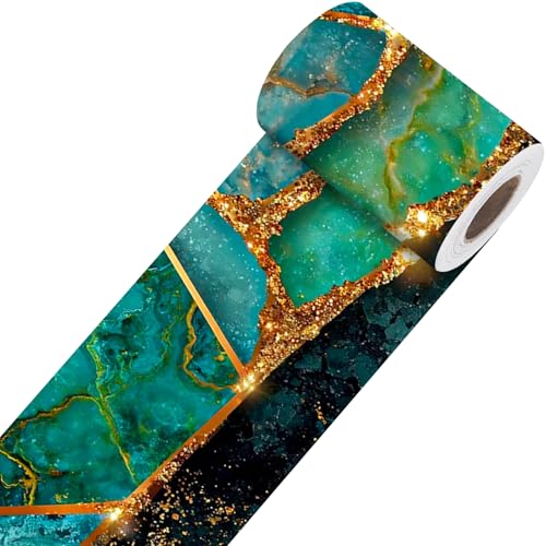 Image of Nuxovilar Teal Gold Geometric Peel Stick Wall Border PVC 3.94x16.4' | Wall Trim, Molding Decal, Peel Stick Border, Adhesive Frame, for Bedroom, Kitchen, Living Room (Teal Gold Shape)