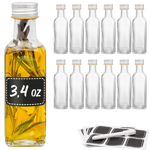 Small Glass Bottles with Lids – 3 oz Reusable Glass Containers – Includes Labels & Marker – Ideal for Extracts, Ginger Shots, Infused Oils, Tinctures, Hot Sauces & Mini Liquors - 12 Pack