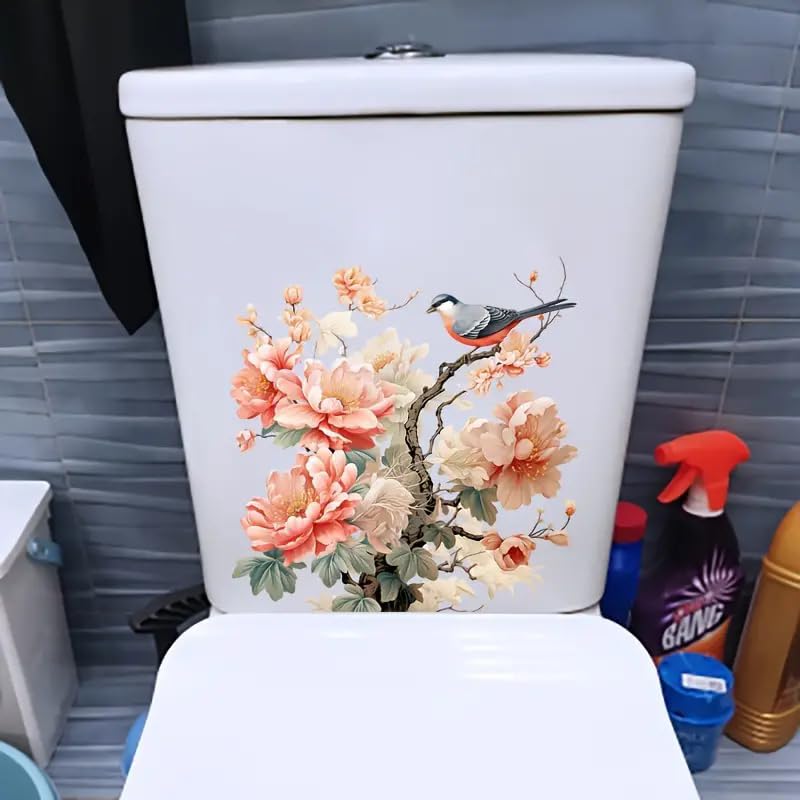 Peony & Bird Design Toilet Cover Sticker Decals,Fish Bird Flower Leaf Waterproof Toilet Lid Tank Seat Decals Cistern Self-Adhesive Bathroom Wall Sticker