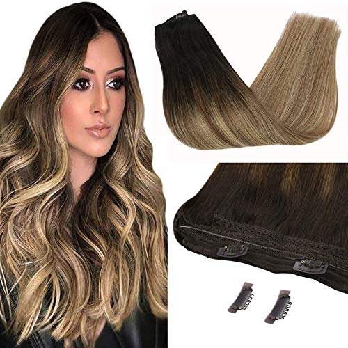 Sunny Real Human Hair Clip in Extensions Ombre Invisible Wire Hair Extensions One Piece Balayage Dark Brown fading to Chestnut Brown Mix Caramel Blonde 80g 14inch