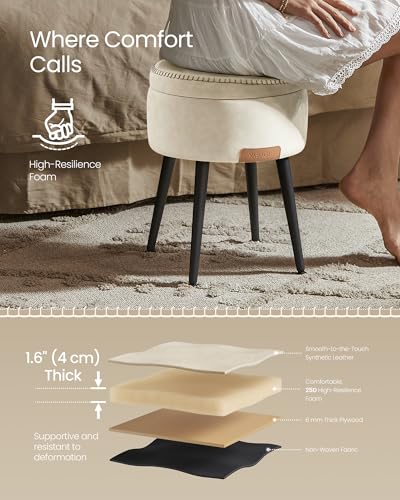 Image of VASAGLE Storage Ottoman, PU Leather Round Seat with Steel Legs | Vanity Chair Stool, with Stitching, Transitional, Loads 150 kg, Cream White and Ink Black, EKHO Collection ULOM005W01