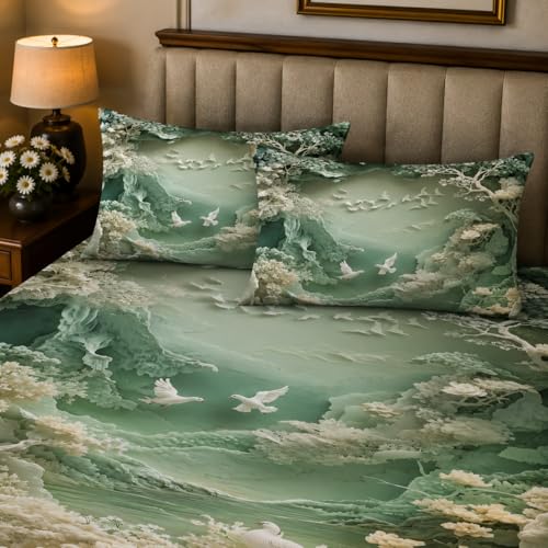 Image of 7D Digital Printed King Size Bedsheet with 2 Pillow Covers | Soft Premium Cotton Feel Microfiber Double Bed Bedsheet | Wrinkle Free & Fade Resistant | (Greenmulti2, KingSize-225x250CM)