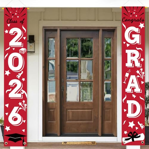 Image of Graduation Porch Banner Class Sign Congrats Grad Hanging Flags High School College University Party Decoration For Front Door Outdoor Red