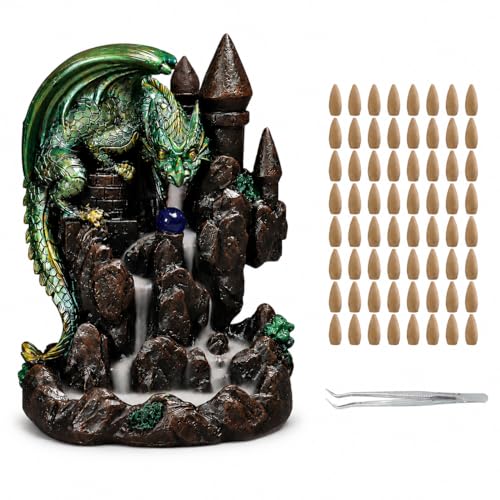 Dragon Backflow Incense Burner Waterfall Incense Burner Mountain Backflow Incense Holder Resin Castle and Dragon Includes 60 Sandalwood Cones and Tweezers for Home Decoration and Relaxation