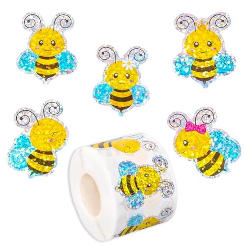 Image of 500Pcs Summer Bee Stickers Roll 1.5in Large Glitter Bumble Bee Seal Stickers 5 Designs Cartoon Animal Waterproof Classroom Reward Decals for Spring Bottle Scrapbook Journal Decor