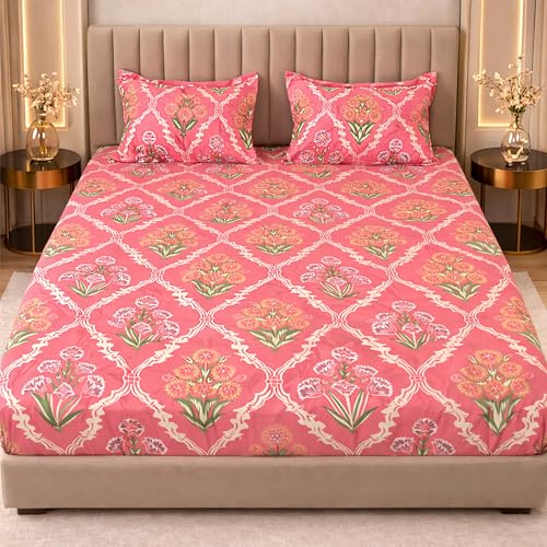 Image of THEA King Elastic Fitted Double Bedsheet Set| 100% Cotton Like Soft Fabric | Microfiber King Elastic Double Bedsheet for King Size Bed (72 X 78 x 10 inches) with 2 Pillow covers,Blush Mahal
