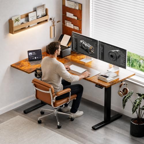 Image of Muvai 71 Inch L Shaped Standing Desk Adjustable Height with Cable Management Tray,Gaming Electric Corner Standing Desk, Sit Stand Computer Table with Reversiable Splice Board, Rustic Brown