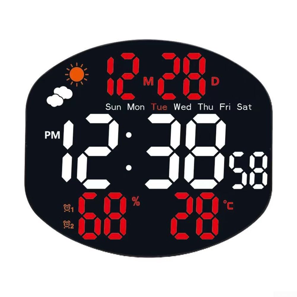 Grande orologio da parete digitale, multifunzione, a LED, stazione meteo digitale con sensore di umidità e temperatura, ampio display, ora, data, calendario, doppio allarme per soggiorno (bianco e