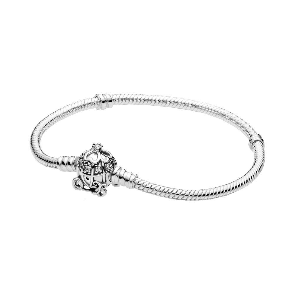 Pandora Disney Pulsera de plata de ley con cadena de serpiente y cierre con diseño del carruaje en forma de calabaza de Cenicienta, con circonitas cúbicas transparentes, 21