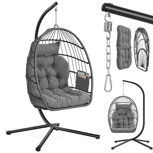 SONGMICS Hängesessel mit Gestell, Hängeschaukel Outdoor, Korbsessel, Korb klappbar und abnehmbar, Hängestuhl höhenverstellbar, Seitentasche, Kissen, Wohnzimmer Garten Balkon, grau GDC050GZ01