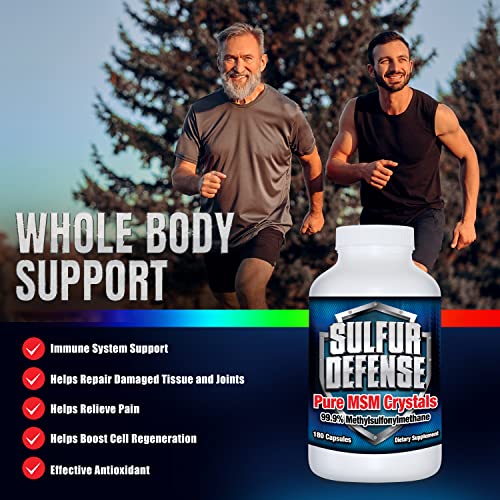 Sulfur Defense Opti-Msm 99.9% Pure Msm Powder Capsules, Made In Usa, Organic Methylsulfonylmethane, Non-Gmo, Gluten-Free, Immune System Booster, Soothes Joint Pain, Younger Skin, Hair, Nails, 180 Caps #TOP4