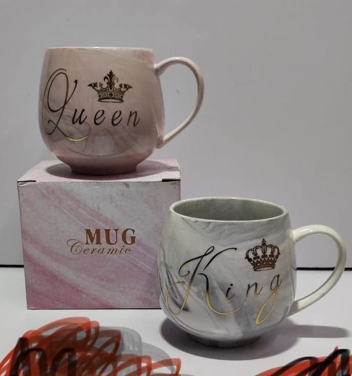 INOVIQUE King & Queen Royal Ceramic Coffee Mug Set | Gray & Pink | Set of 2 | 350ML | Couple Cup Set for Husband and Wife, Wedding Present Tea Cups, Long Ceramic Coffee Mug
