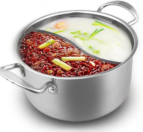 Miniatura 2 de STOBAZA Shabu Shabu - Olla caliente con divisor para estufa de gas de inducción, olla caliente de doble cara de acero inoxidable con tapa de vidrio