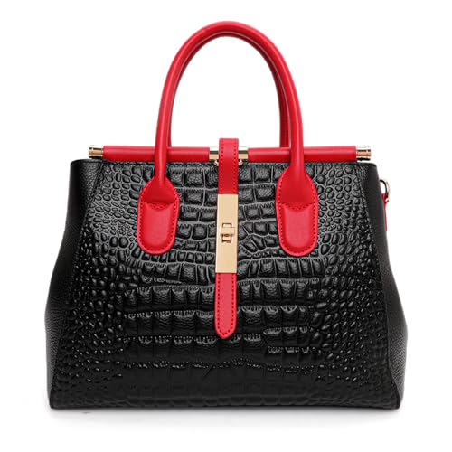 Image of Genuine Leather Crocodile Print Handbag - Large Capacity, Detachable Strap, Color-blocked, Women's Cross-body Tote