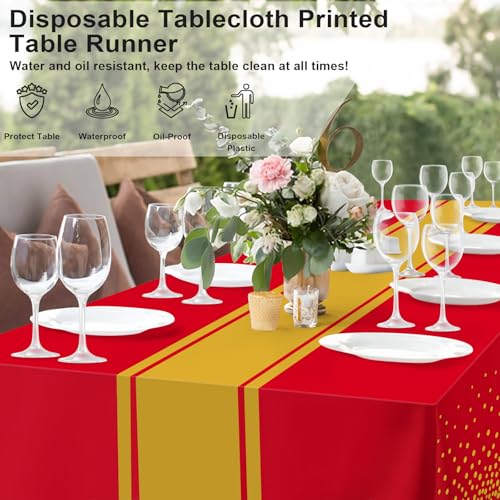 Image of 6 Pack Red and Gold Tablecloth Party Decorations Plastic Red Tablecloth Printed Gold Table Runner 54 x108 Inch Disposable Rectangle Table Cover for Birthday Wedding Graduation