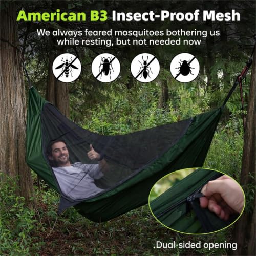 Image of Camping Hammock with Mosquito Net, 2 Person Hammock Bug Net, Portable, Parachute Nylon for Outdoor, Camping, Hiking, Backpacking, Backyard, Beach, Travel (Hold Up to 500lbs) (Forest Green)
