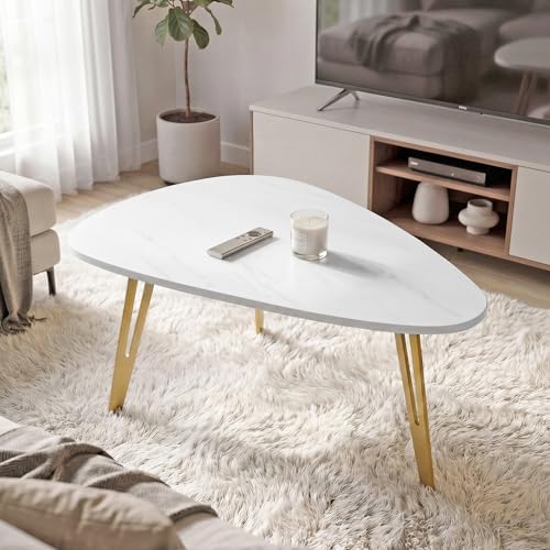 MWOOD Triangle Coffee Table, 33.5″Mordern Center Table with Marble-Patterned Top&Golden