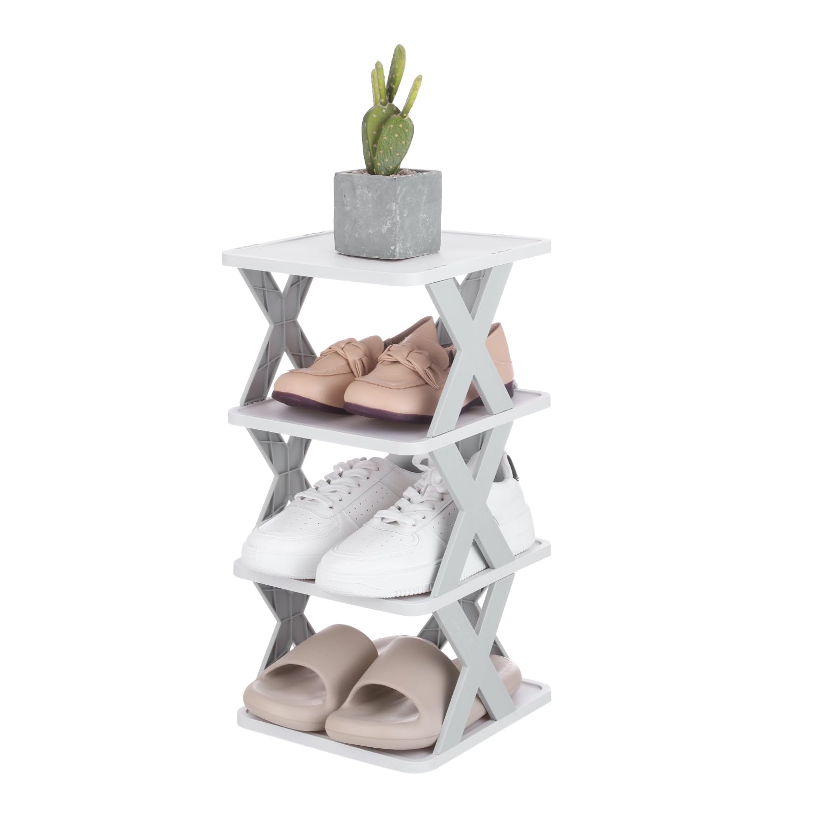 sourcing map 4-Tier Plastic Shoe Rack, Vertical Shoe Rack Stackable Storage Organizer Folding Space-Saving Narrow Slot Shelf for Closet Livingroom Entryway Garage, Gray/White