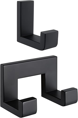 APLusee Gancho doble para toalla y gancho en forma de L, acero inoxidable 304 montado en la pared, accesorios de baño negro mate