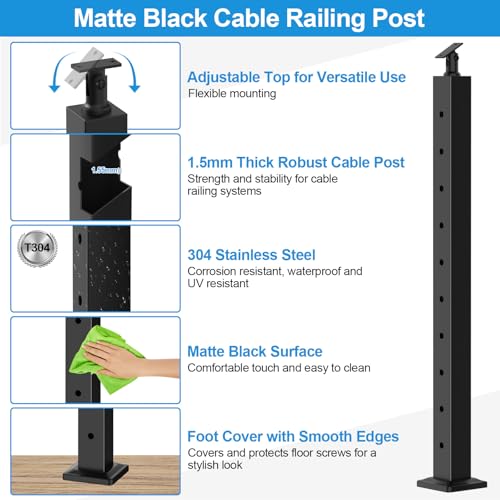 Image of 12-20FT Swageless 36 inch Cable Railing Post Kit for Stair Pre-Drilled | Stair Cable Post System Includes 4Pack Stair Posts, 250FT Wire Rope, Black Swageless Deck Cable Railing Kit(No Handrail)