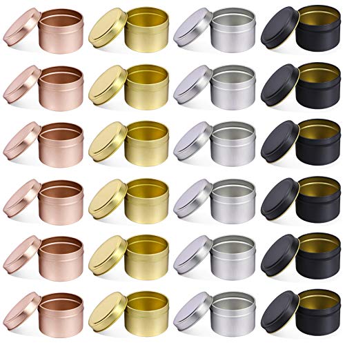 24 Pcs Candle Tins, MIKIMIQI 4 oz Metal Candle Containers for Candle Making, Candle Jars for Making Candles, Arts Crafts, Dry Storage, Party Favors, Round Tin with Lids (Silver,Gold,Rose Gold,Black)