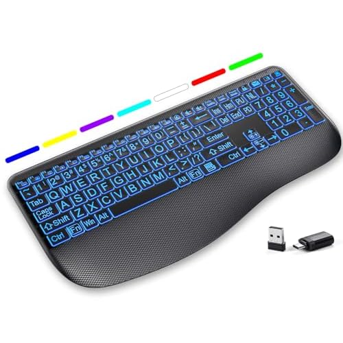 Large Print Backlit Wireless Keyboard – Silent Keyboards with Wrist Rest, 7-Color Light up, Quiet Low Profile Keys, 2.4G Wireless Rechargeable Full Size Keypad for Computer Laptop Windows Ma