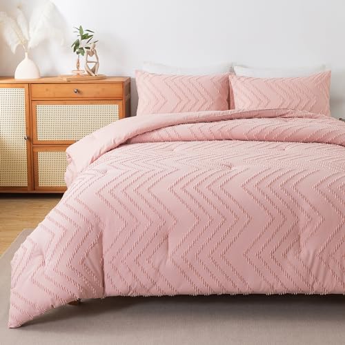 Image of Andency Pink Comforter Set King, Boho Cute Girls Women Soft Fluffy Warm Lightweight Bedding Comforter Sets for King Bed, 3 Pieces Chevron Tufted Aesthetic Microfiber Comforter Set