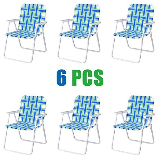 GYMAX Patio Folding Web Chair Set, 6 Pack Portable Lightweight Indoor/Outdoor Dining Chair for Patio, Garden, Bay, Yard, Lawn, Heavy Duty Chair Set (Blue & Green)