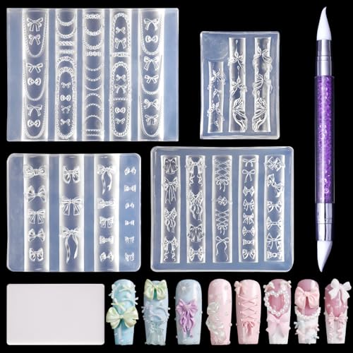 Laza 4pcs Bowknot Silicone Nail Art Molds 3D Multiple Shapes Ribbon Lace Bows Charms Silicone Nail Accessories with Carving Pen Resin Nail Art Mold Manicure Tools for Women DIY Manicure Design