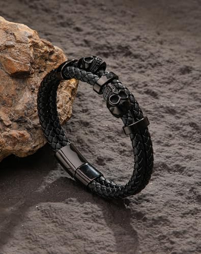 Stainless Steel Double Skull Bracelets - Mens Genuine Leather Punk Skeleton - Cuff Gothic Jewelry2