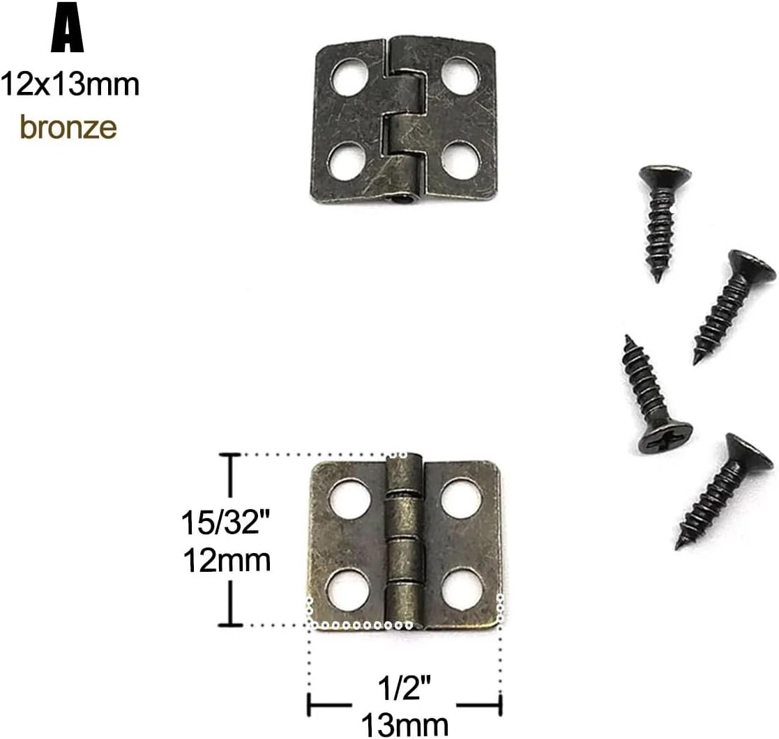 10pcs Small Medium Golden Bronze Jewelry Chest Gift Wooden Music Box Wine Case Dollhouse Cabinet Door Hinge with Screw(A 12x13mm Bronze)